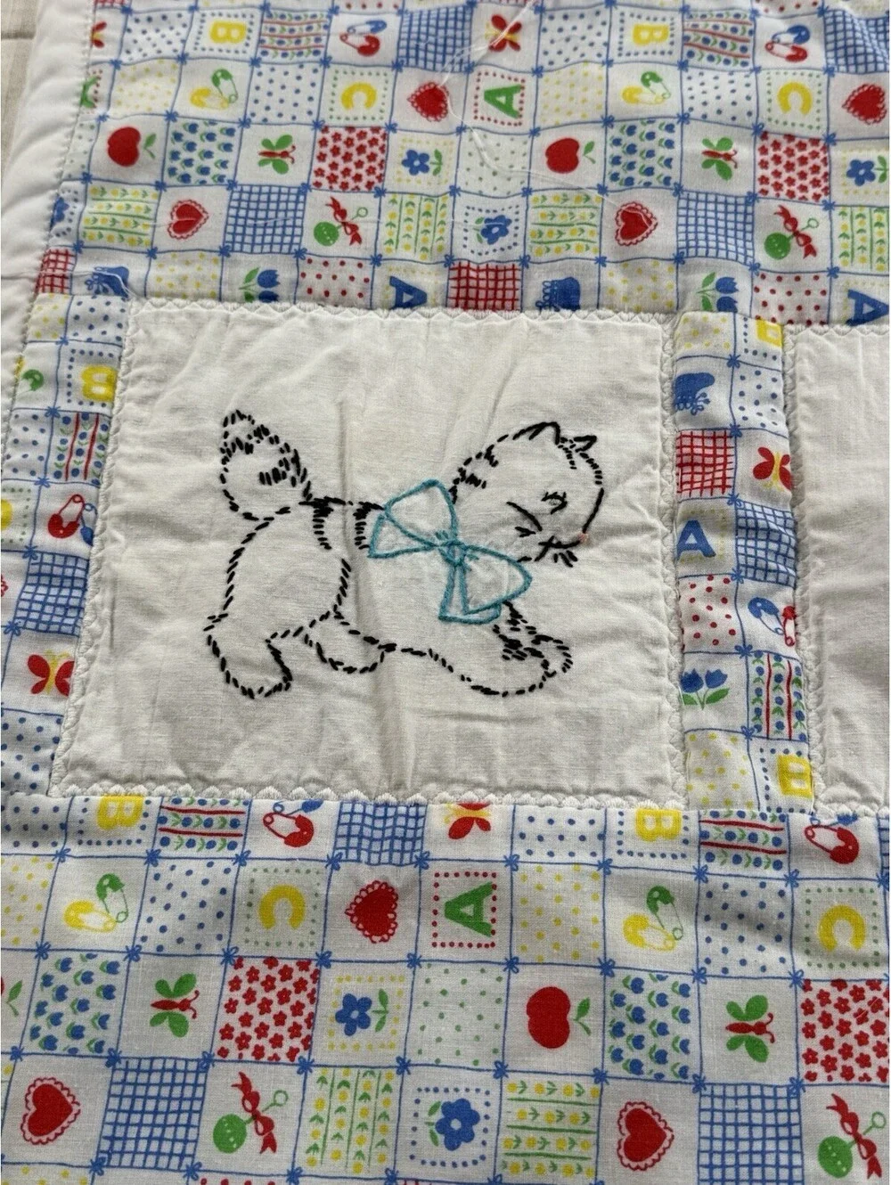 Vintage Handmade Baby Quilt Embroidered Kittens Cats Nursery 27x34 Patchwork